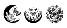 Butterflies With Flowers And Moon. Floral Moths Silhouette Design. Vector Monochrome Signs.