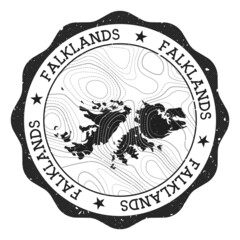 Wall Mural - Falklands outdoor stamp. Round sticker with map of country with topographic isolines. Vector illustration. Can be used as insignia, logotype, label, sticker or badge of the Falklands.