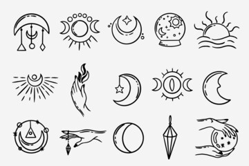 Set Collection Mystical Celestial Dark Holy Simple Minimalism Tattoo Clipart Symbol space doodle Esoteric elements vintage illustration