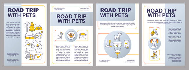 Road trip with pets grey brochure template. Car travel. Leaflet design with linear icons. Editable 4 vector layouts for presentation, annual reports. Arial-Black, Myriad Pro-Regular fonts used