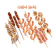 Set of grilled prawns squids porks bacon with golden mushroom and scallops skewer on wooden sticks