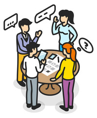 Wall Mural - Team brainstorm icon. Isometric people talking about work