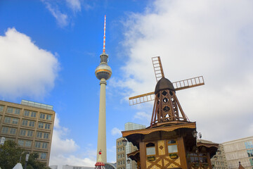 Wood stall at traditional fair at Alexanderplatz in Berlin	