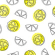 Hand drawn lemons pattern in trendy one line style. Vector seamless background with lemon slices