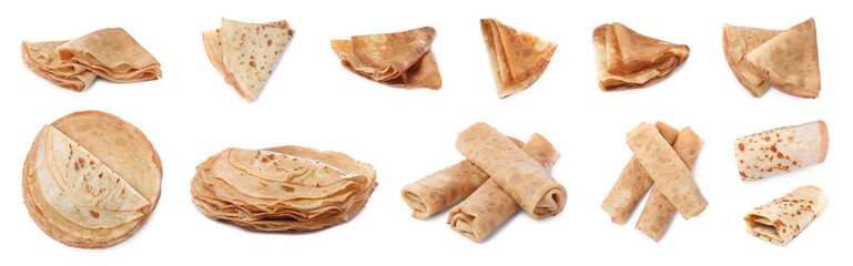 Set of delicious crepes on white background. Banner design