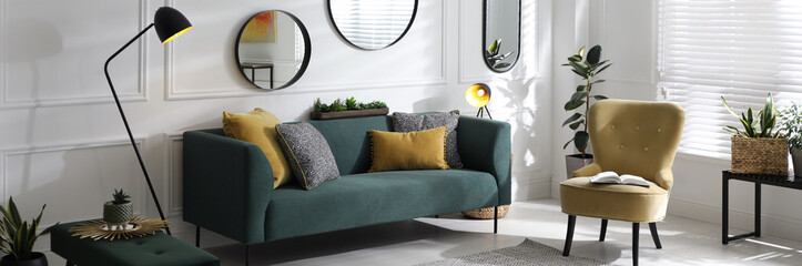 Sticker - Modern living room interior with stylish comfortable sofa. Banner design