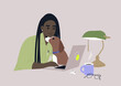 A young female African character cuddling with their dog while working on a laptop, a work from home concept