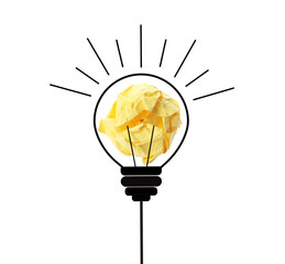 Wall Mural - Yellow crumpled paper ball and drawn lamp bulb on white background