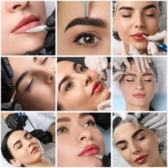 Poster - Collage with different photos of women undergoing permanent makeup procedures