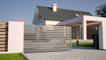 Automatic Sliding Gate And Modern House, 3d Illustration
