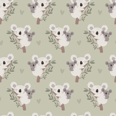 Seamless pattern with cute cartoon koala. Vector illustration