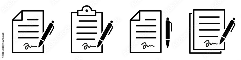 Document with pen icon set. Contract signing symbol icon. Pen signing a ...