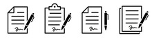 Document With Pen Icon Set. Contract Signing Symbol Icon. Pen Signing A Contract. Agreement And Signature Line Icons - Stock Vector.
