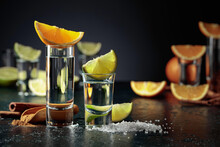 Tequila Shots On A Black Background.