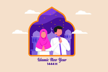 Wall Mural - Greeting Young boy and girl muslim. Happy Islamic New Year 1444 H. Flat vector illustration isolated.