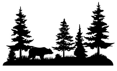 Sticker - Vector Bear in the Pine Forest.