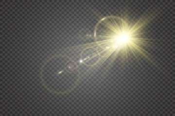 Special lens flash, light effect. The flash flashes rays and searchlight. illust.White glowing light. Beautiful star Light from the rays. The sun is backlit. Bright beautiful star. Sunlight. Glare.	