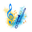 Music graphic with trombone wind instrument.