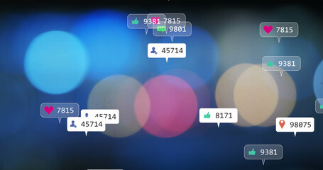 Poster - image of social media icons and numbers over out of focus flickering lights