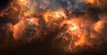 Panorama Colorful Dark Cloud At  Night With Thunder Bolt. Heavy Storm Bringing Thunder, Lightnings And Rain In Summer.