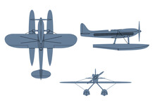 S-6 B Racing Seaplane 1931. Top, Side, Front View. Vintage Airplane. Vector Clipart Isolited On White.