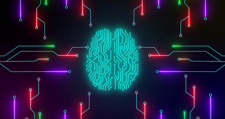 Image of green glowing human brain with computer mother board circuit over black background