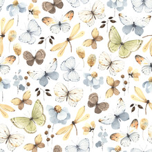 Floral Seamless Pattern With Abstract Butterflies And Dragonflies, Colorful Watercolor Illustration Isolated On White Background, Wildlife Print For Textile Or Wallpapers, Colored Summer Pattern.