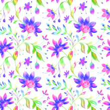Watercolor Floral Seamless Pattern On White Background. Bright Folk Violet, Blue, Green Flowers, Leaves Repeat Print. Botanical Design For Wallpaper, Fabric, Textile, Wrapping Paper And Decoration.