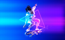 Skateboarder Doing Trick On Neon Background