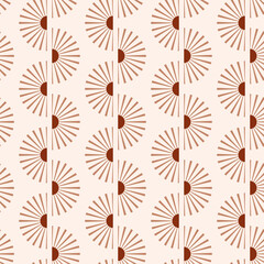 Abstract vector seamless pattern with mid-century modern minimalist design: lines of terracotta suns on a light beige backdrop
