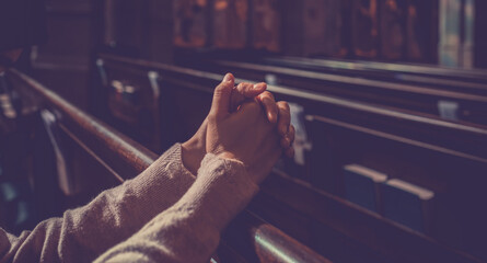 Close up prayer's hand pray in church, Pastor pray to God with BIBLE, top view with blank copy space