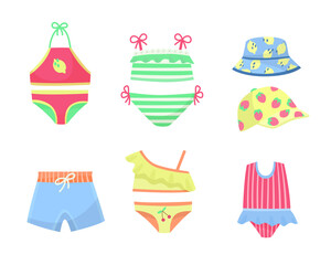 Wall Mural - Swimsuits for children vector illustrations set. Collection of cartoon drawings of swimming clothes or swimwear for babies or kids isolated on white background. Summer, fashion, childhood concept