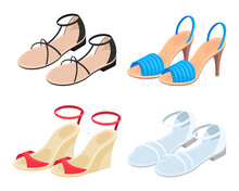 Colorful Fashion Female Shoes Cartoon Illustration Set. Open Summer Womens Heels And Sandals On White Background. Footwear, Femininity, Glamour, Shopping Concept