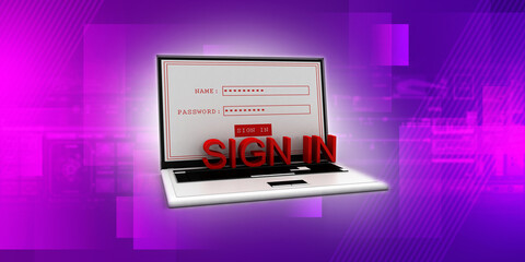 Poster - 3d rendering Laptop with sign in text
