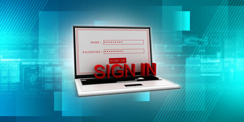 Poster - 3d rendering Laptop with sign in text
