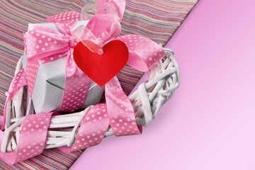 Sticker - Gift Box and Heart Shape on Pink Background. Love, birthday or  Valentine's Day concept.