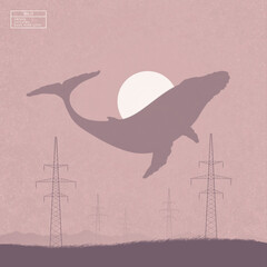 Sticker - Flying whale. Fantastic animal isolated silhouette. Surreal landscape