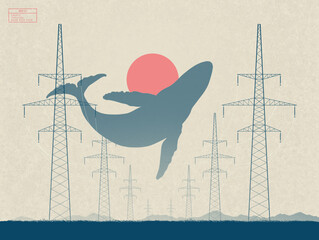 Sticker - Flying whale. Surreal animal silhouette. Surreal landscape