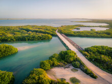 Aerial View Of Bridge Surrounded By Tropical Wetlands And Jungle At Sunrise On A Cloudless Day In Sian Kaan Near Tulum