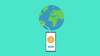 Poster - Sending bitcoin to anywhere with a mobile phone 4K animation. Global business concept with a smartphone and golden bitcoin footage. Money transaction concept with world map and location pin animation.
