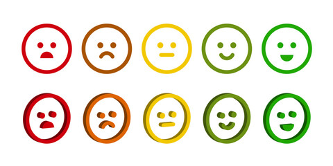 Isometric emoticon. Rating scale or pain scale in the form of emoticons. From red to green smiley. Vector clipart isolated on white background.