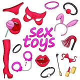 Fototapeta Na sufit - Role play accessories, red panties, mask, lipstick,, bdsm, sex shop, set of vector elements, sticker freehand drawing with black outline