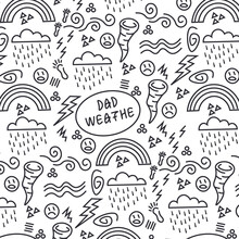 Cute Set Of Illustrations With Clouds, Sad Emoticons, Rain, Hurricane, Lightning, Rainbow. Inscription Bad Weather. Childish Seamless Pattern For Wallpapers, Posters, Banners.