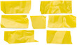 Yellow paper, pieces of crumpled paper. Set of torn horizontal and different sized paper ribbons isolated on white background.