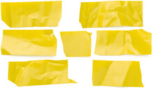 Yellow Paper, Pieces Of Crumpled Paper. Set Of Torn Horizontal And Different Sized Paper Ribbons Isolated On White Background.