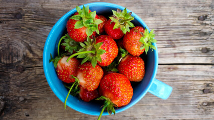 Wall Mural - Ripe red strawberries in a blue book on a wooden background.