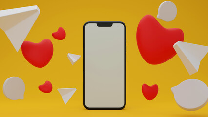 Wall Mural - Phone and Social Media Icons Mockup on Yellow Background. 3D  Render, Modern design