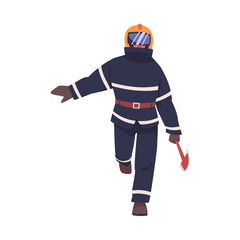 Sticker - Firefighter Character in Fireproof Uniform and Helmet Walking with Axe Vector Illustration