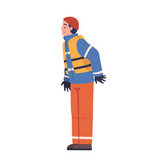 Canvas Print - Man Rescuer in Orange Vest Engaged in Life Saving Operation Vector Illustration