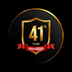 Wall Mural - 41 years anniversary logo with golden shield and ribbon for booklet, leaflet, magazine, brochure poster, banner, web, invitation or greeting card. Vector illustrations.